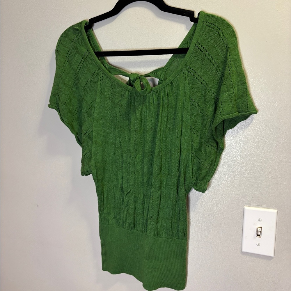 Green Tie Neck Knit Blouse Top Size Small Modal Rayon